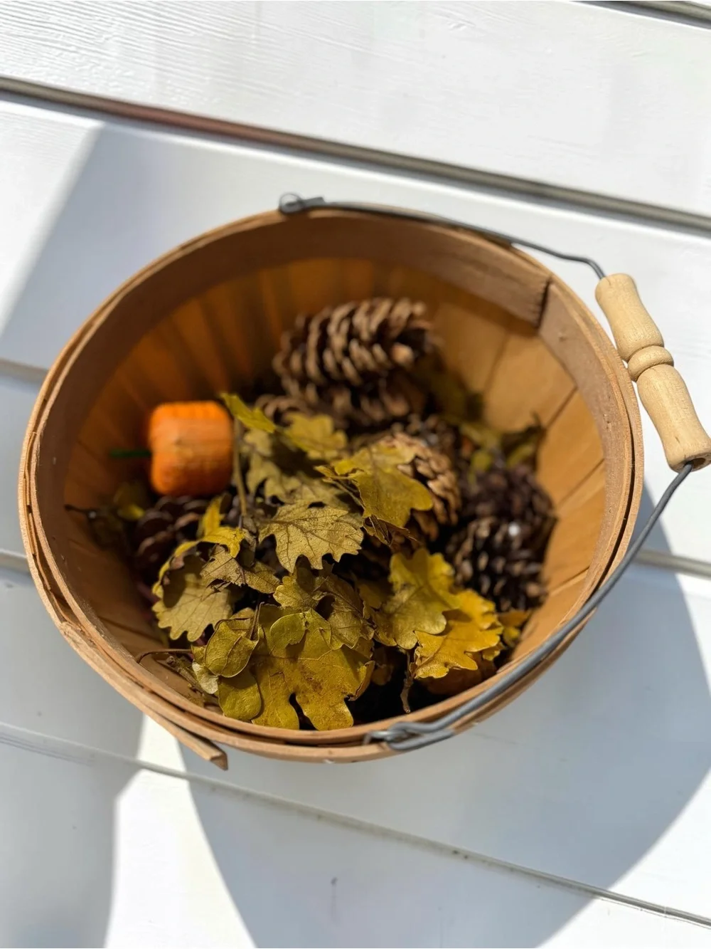 Wooden 9” Bushel Basket Fall Décor Pinecones Leaves